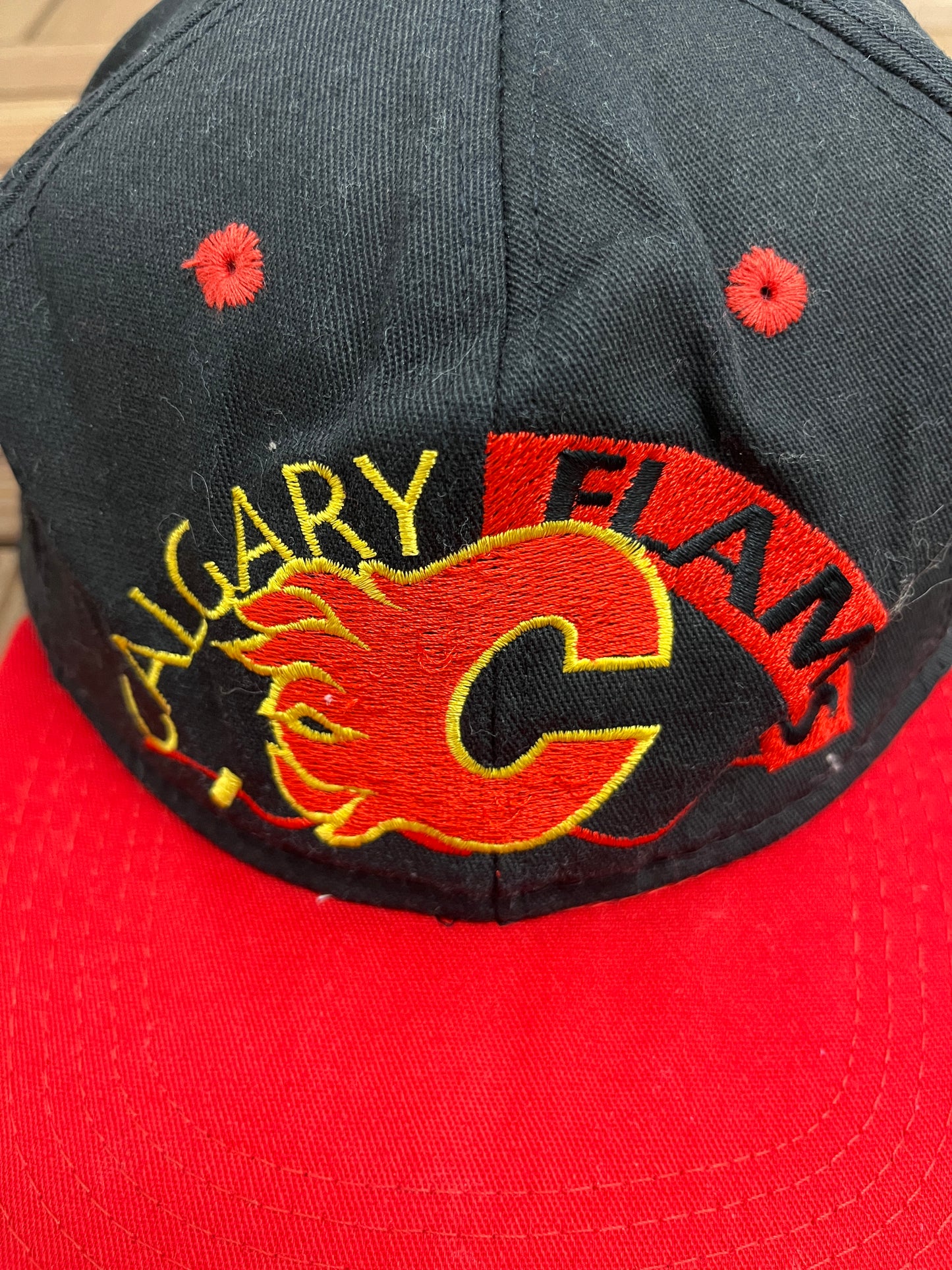 Calgary Flames Embroidered Graphic Hat | One Size Fits All | Vintage 1990s NHL Hockey Black Cap |