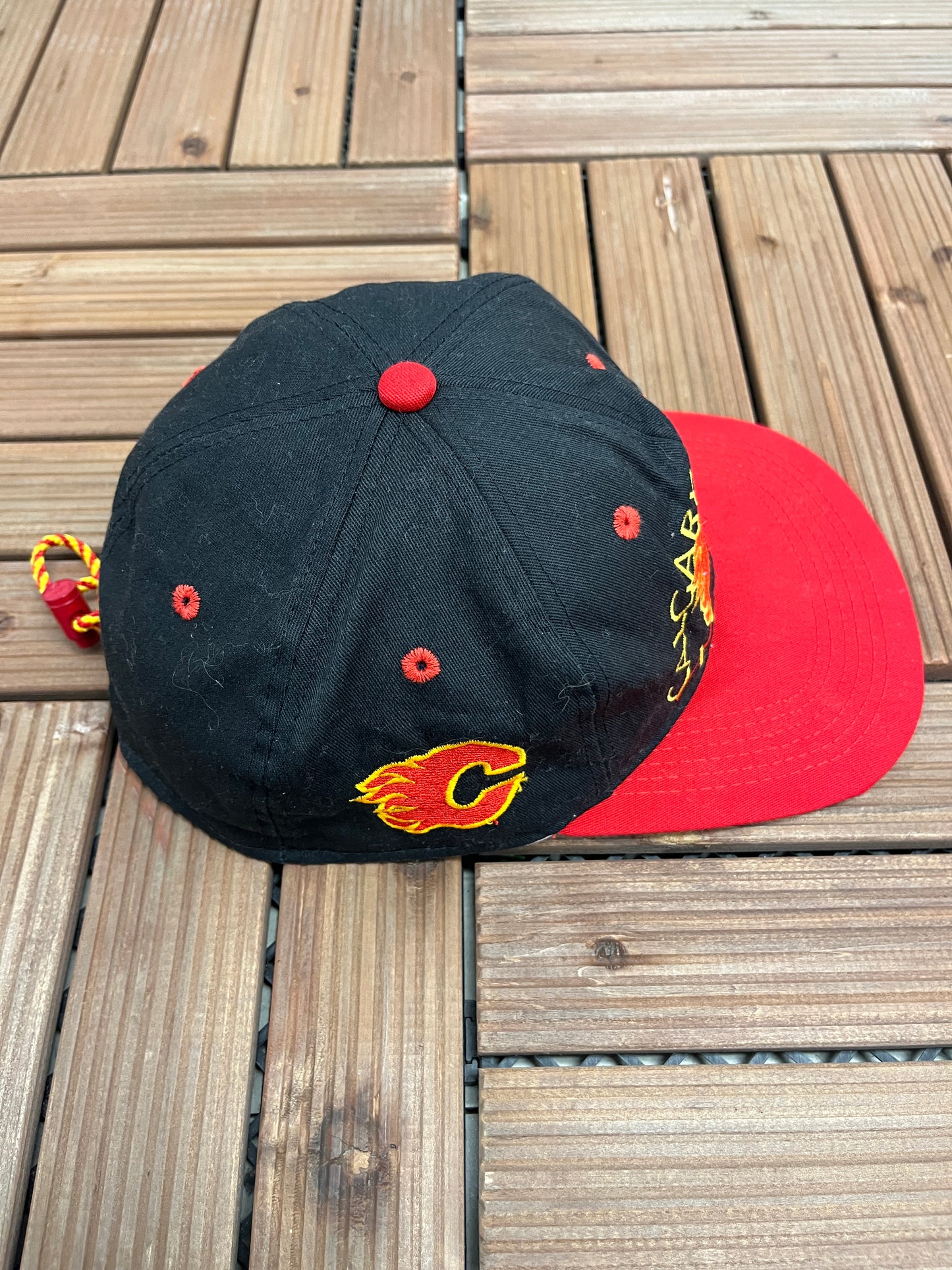 Calgary Flames Embroidered Graphic Hat | One Size Fits All | Vintage 1990s NHL Hockey Black Cap |