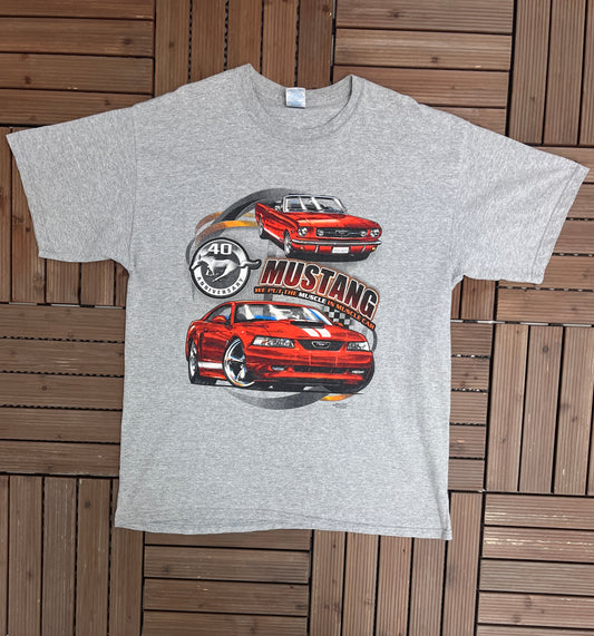 Ford Mustang Muscle Car Graphic Tee | Size X-Large | Vintage 2000s American Muscle Car Racing Grey T-Shirt |