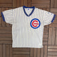 Chicago Cubs Pinstripe Graphic Tee | Size Large | Vintage 1990s MLB Baseball White T-Shirt |