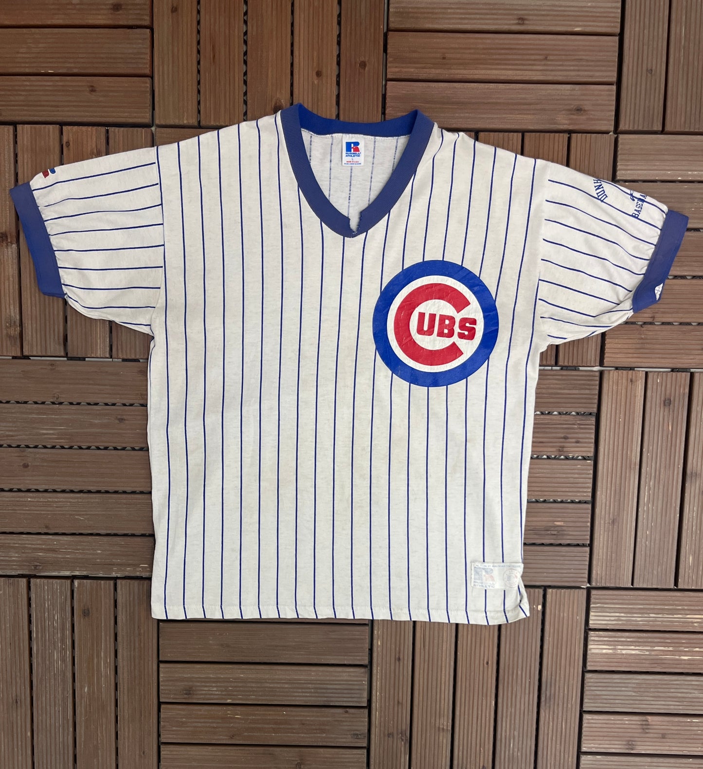 Chicago Cubs Pinstripe Graphic Tee | Size Large | Vintage 1990s MLB Baseball White T-Shirt |