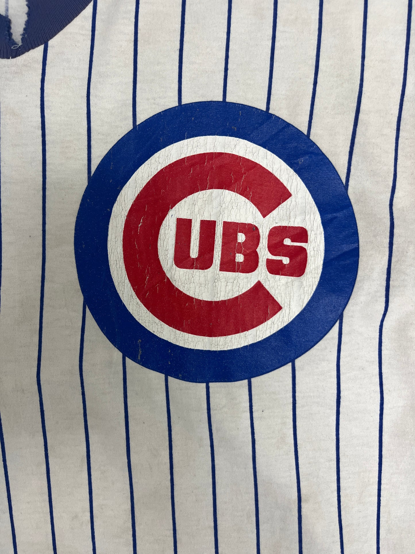 Chicago Cubs Pinstripe Graphic Tee | Size Large | Vintage 1990s MLB Baseball White T-Shirt |