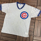 Chicago Cubs Pinstripe Graphic Tee | Size Large | Vintage 1990s MLB Baseball White T-Shirt |