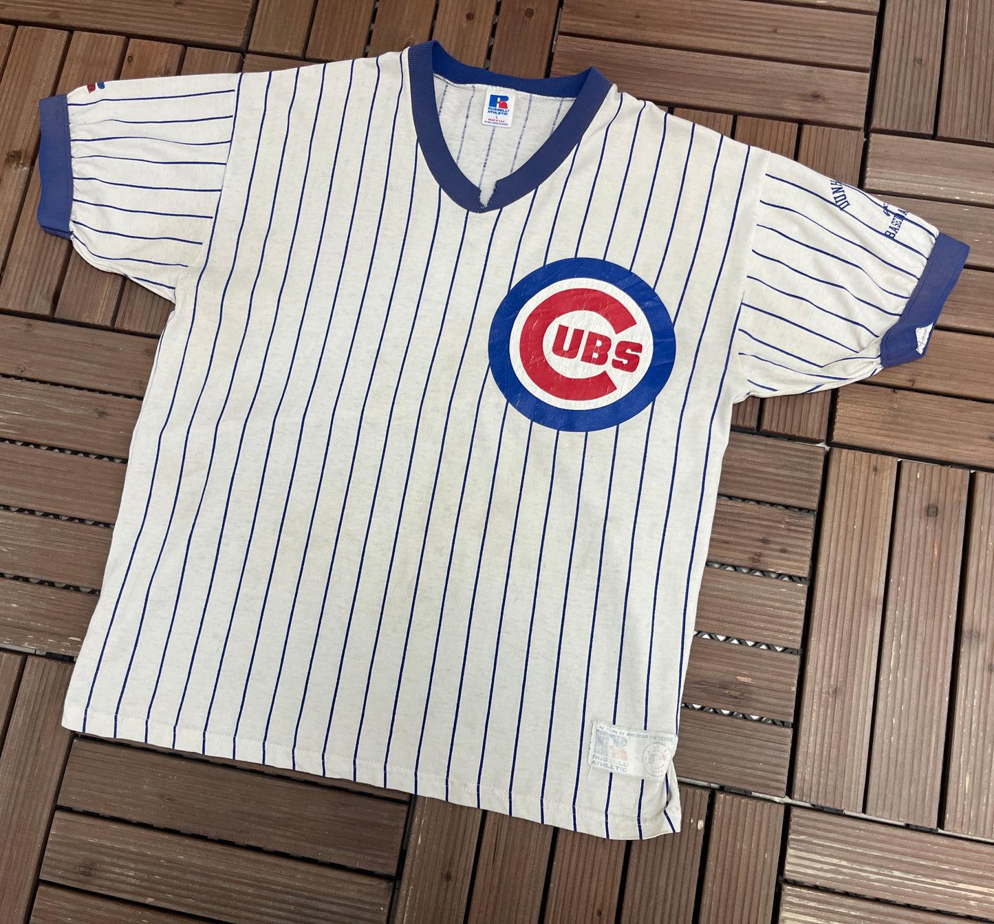 Chicago Cubs Pinstripe Graphic Tee | Size Large | Vintage 1990s MLB Baseball White T-Shirt |