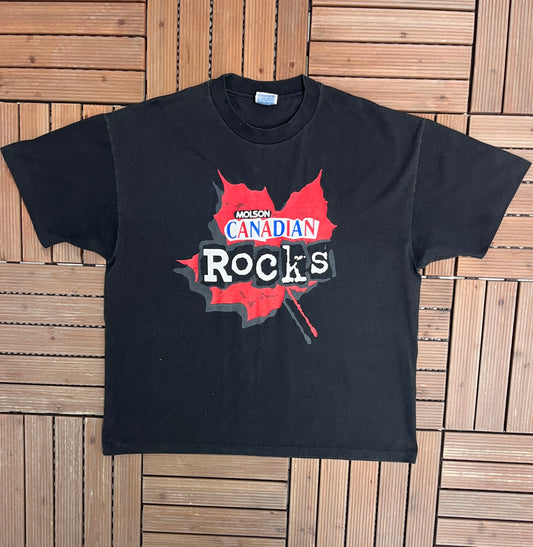 Molson Canadian Rocks Graphic Tee | Size X-Large | Vintage 1990s Single Stitch Alcohol Promotional Black T-Shirt |