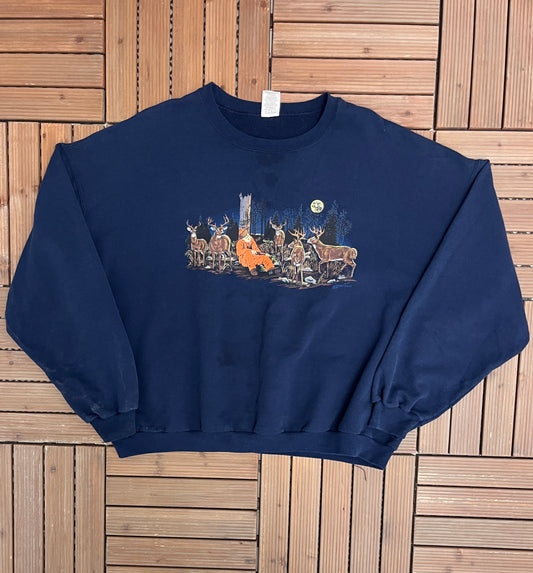 Hunting Role Reversal Graphic Crewneck | Size XX-Large | Vintage 2000s Funny Blue Sweater |