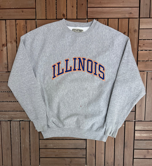 Illinois Fighting Illini Stitched Graphic Crewneck | Size Medium | Vintage 2000s College Sports Grey Sweater |