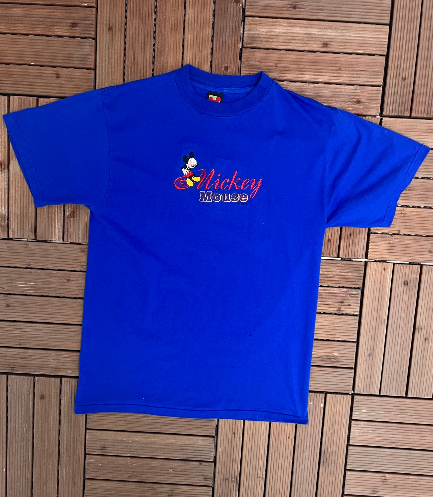 Mickey Mouse Embroidered Graphic Tee | Size Large | Vintage 1990s Disney Cartoon Promotional Blue T-Shirt | Free Shipping to USA |