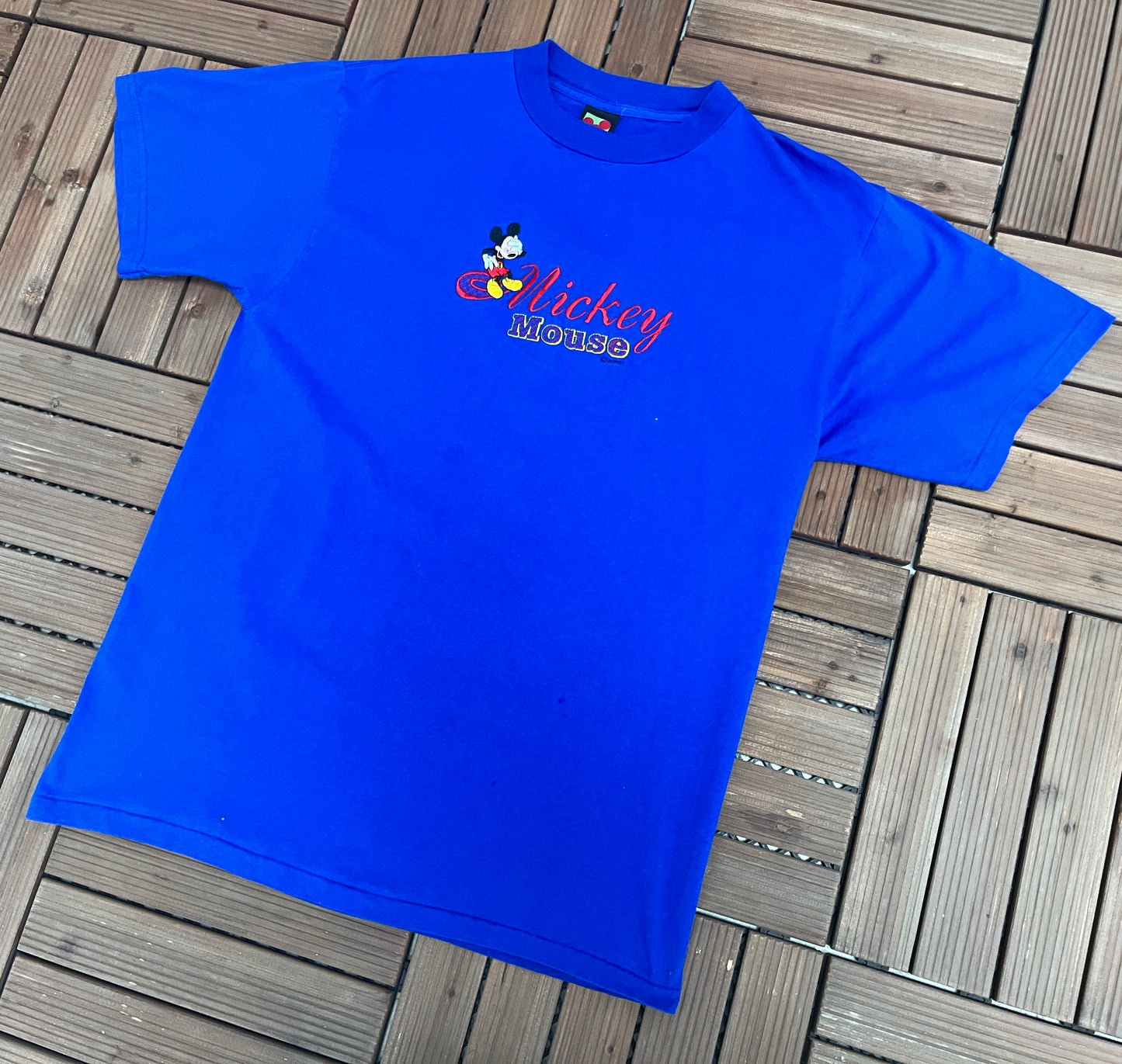 Mickey Mouse Embroidered Graphic Tee | Size Large | Vintage 1990s Disney Cartoon Promotional Blue T-Shirt | Free Shipping to USA |