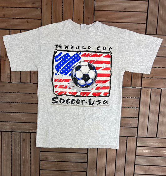 USA World Cup 1994 Graphic Tee | Size Large | Vintage 1990s Soccer Football White T-Shirt |