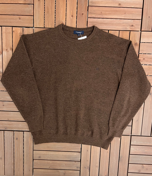 Burberry London Embroidered Graphic Sweater | Size 9 | Vintage 2000s Designer Branded Lambswool Brown Sweater |