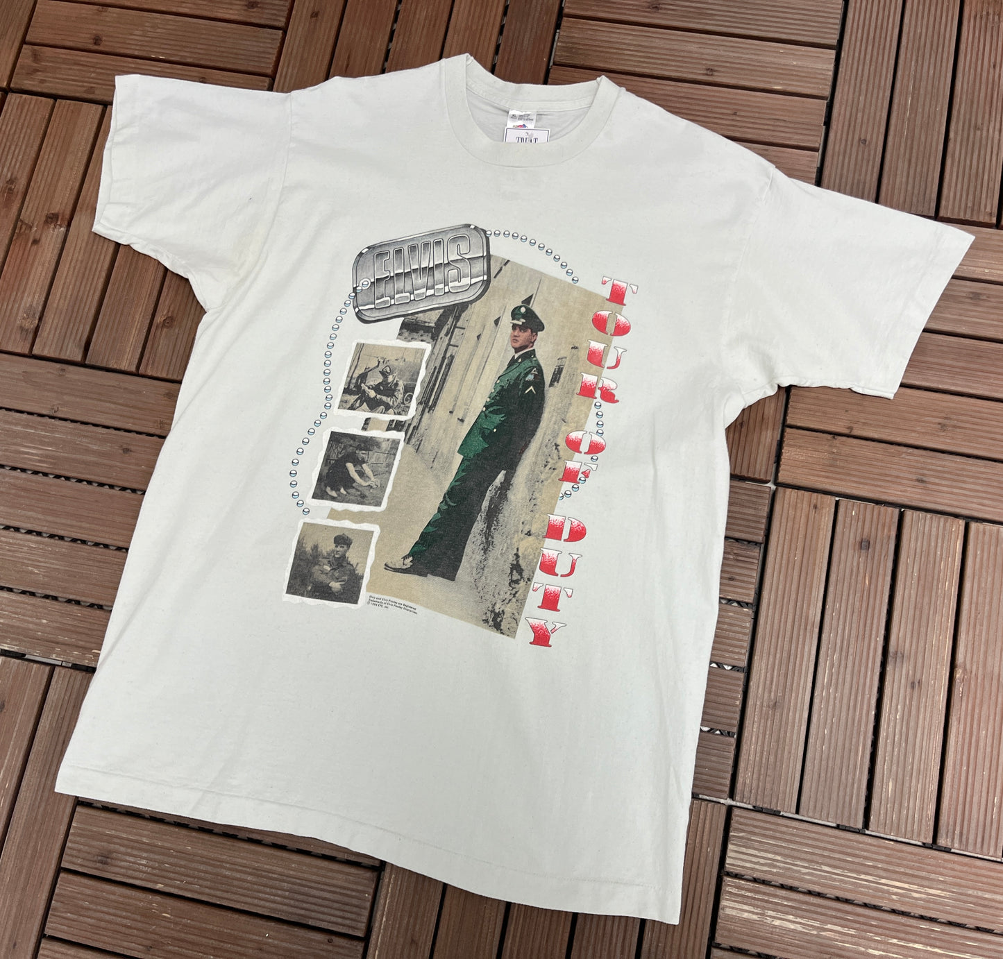 Elvis Presley Tour Of Duty Graphic Tee | Size X-Large | Vintage 1990s King of Rock & Roll Off White T-Shirt |