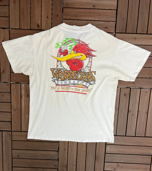 Woodpecker Schnapps Alcohol Graphic Tee | Size Large | Vintage 1990s Single Stitch White T-Shirt | Free Shipping to USA |