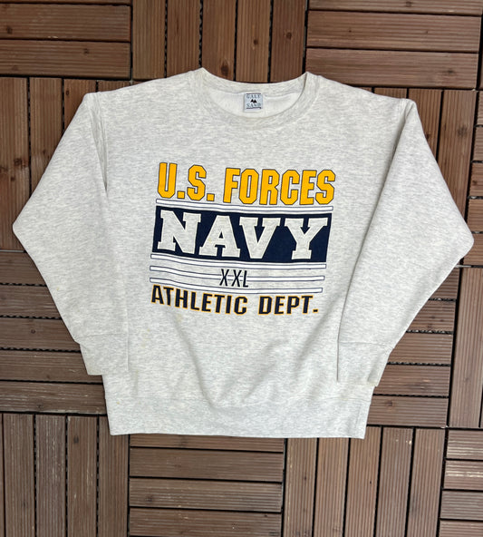 U.S. Forces Navy XXL Athletic Dept. Graphic Crewneck | Size Large | Vintage 1990s Galt Sand College Grey Sweater |