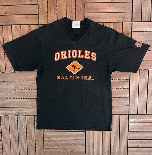 Baltimore Orioles Stitched Graphic Tee | Size Medium | Vintage 2000s MLB Baseball Black T-Shirt |