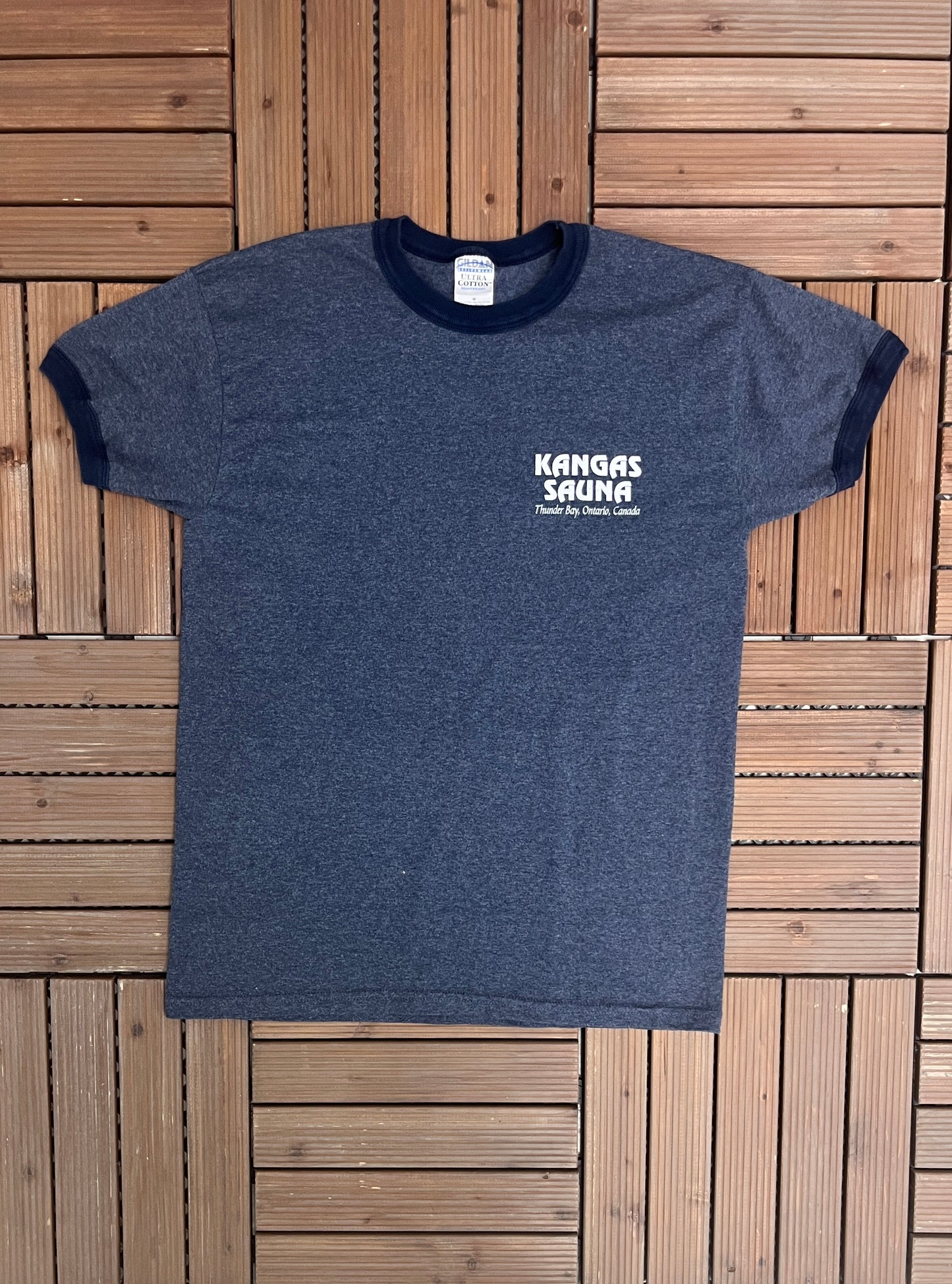 Kangas Sauna Thunder Bay Graphic Tee | Size Medium | Vintage 2000s Funny Promotional Blue T-Shirt |