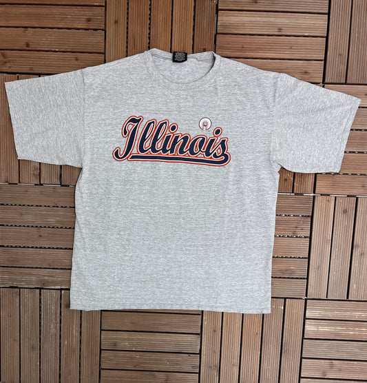 Illinois Fighting Illini Graphic Tee | Size Large | Vintage 1990s College Sports Grey T-Shirt |