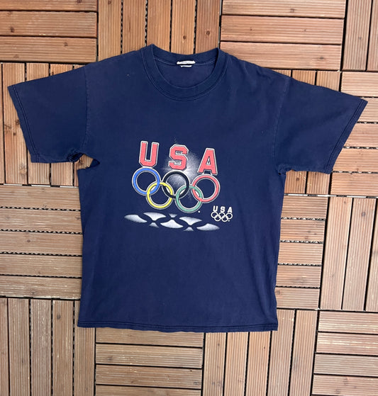 USA Olympics Graphic Tee | Size Large | Vintage 1990s Promotional Blue T-Shirt |