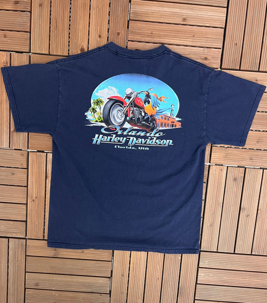 Harley Davidson Orlando, Florida Graphic Tee | Size Medium | Vintage 2000s Biker Motorcycle Blue T-Shirt | Free Shipping to USA |