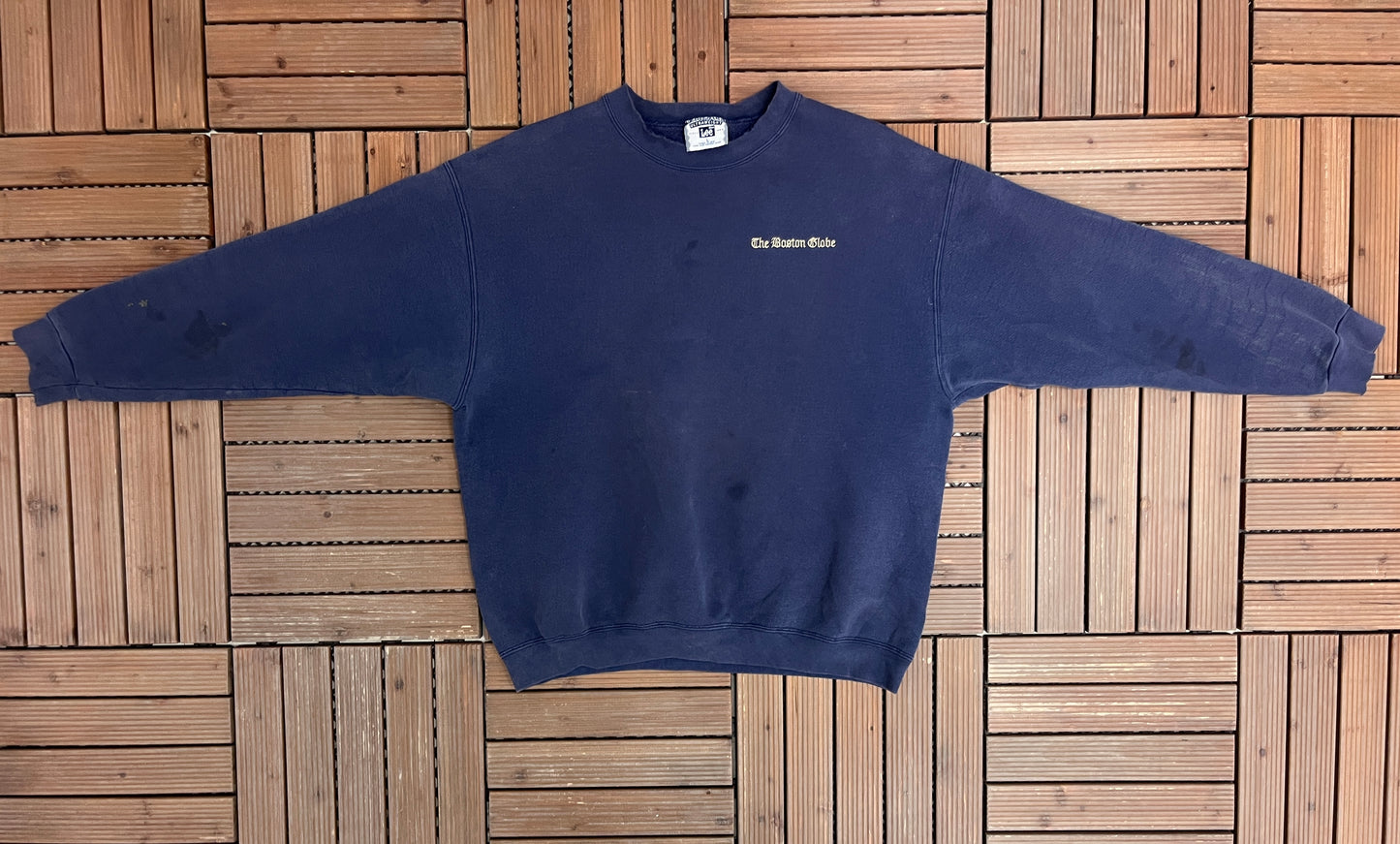 Boston Globe Embroidered Graphic Crewneck | Size Large | Vintage 1990s Promotional Blue Sweater |