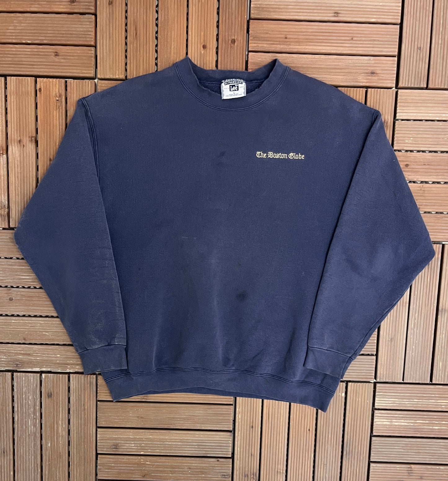 Boston Globe Embroidered Graphic Crewneck | Size Large | Vintage 1990s Promotional Blue Sweater |