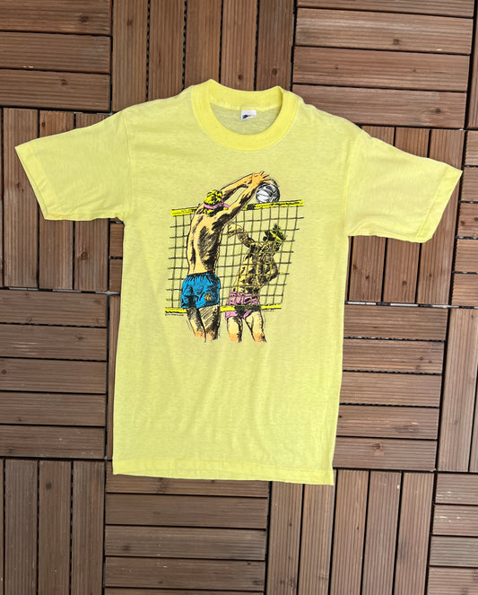 Volleyball Spike Graphic Tee | Size Youth X-Large | Vintage 1990s Single Stitch Yellow T-Shirt | Made in USA | Free Shipping to USA |