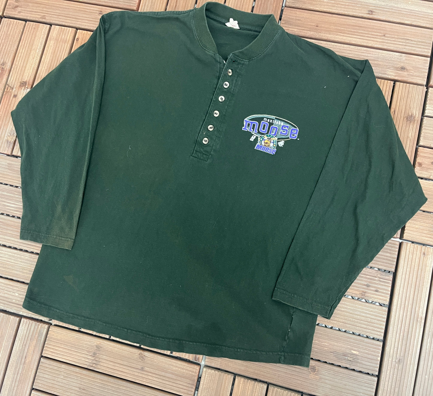 Manitoba Moose Graphic Tee | Size Large | Vintage 1990s American Hockey League AHL Green T-Shirt |