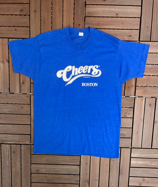 Cheers Boston Graphic Tee | Size X-Large | Vintage 1980s Television Series Blue T-Shirt |