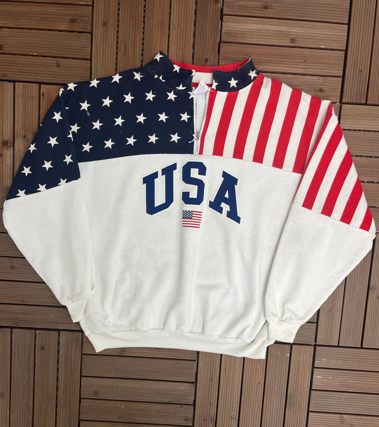 USA Stars & Stripes Graphic Sweater | Size XX-Large | Vintage 1990s American Flag White Sweatshirt | Made in USA | Free Shipping to America|