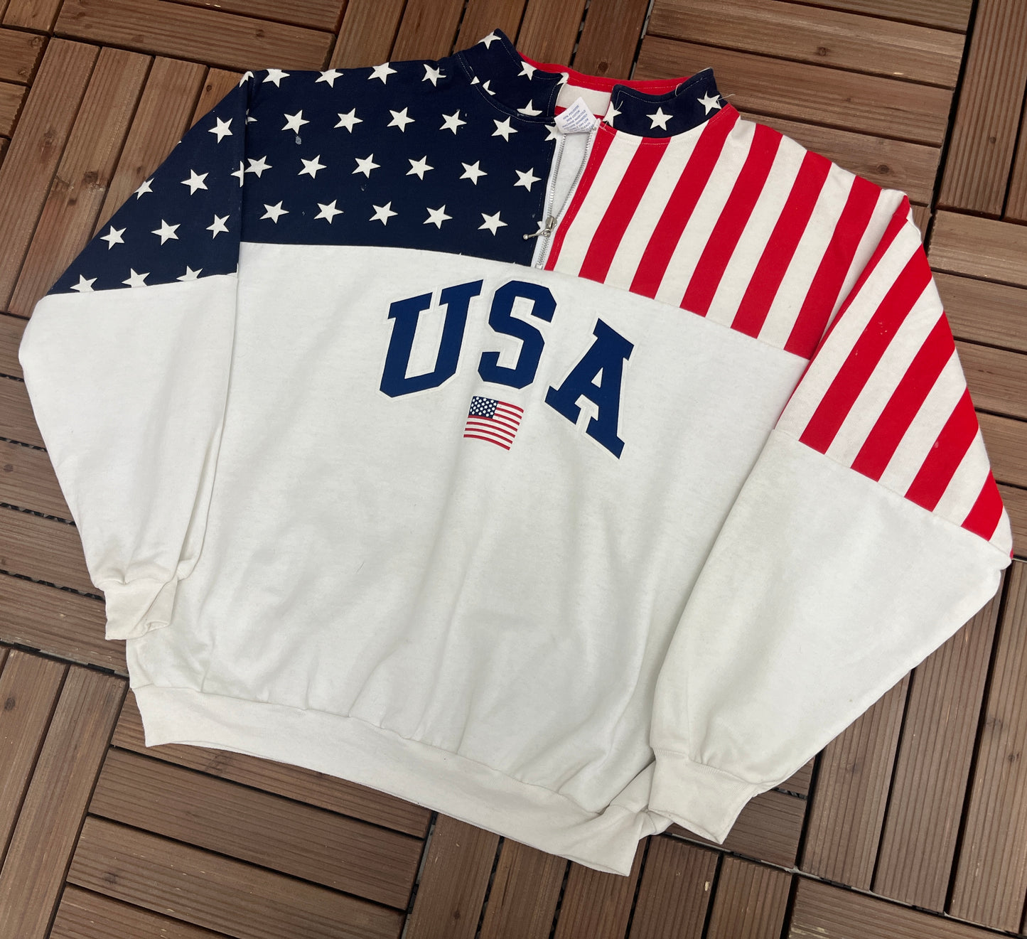 USA Stars & Stripes Graphic Sweater | Size XX-Large | Vintage 1990s American Flag White Sweatshirt | Made in USA | Free Shipping to America|