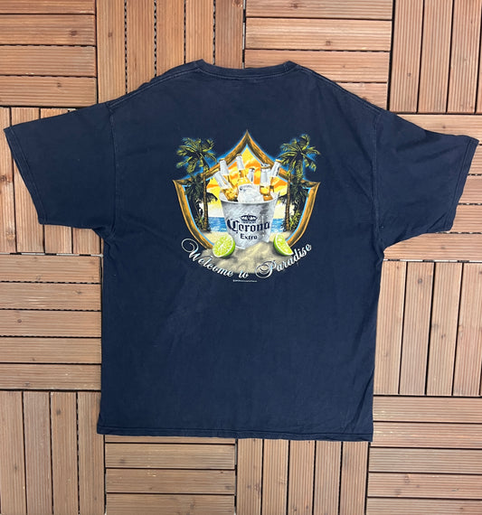 Corona Extra Welcome To Paradise Graphic Tee | Size X-Large | Vintage 2000s Alcohol Promotional Blue T-Shirt | Free Shipping to USA |