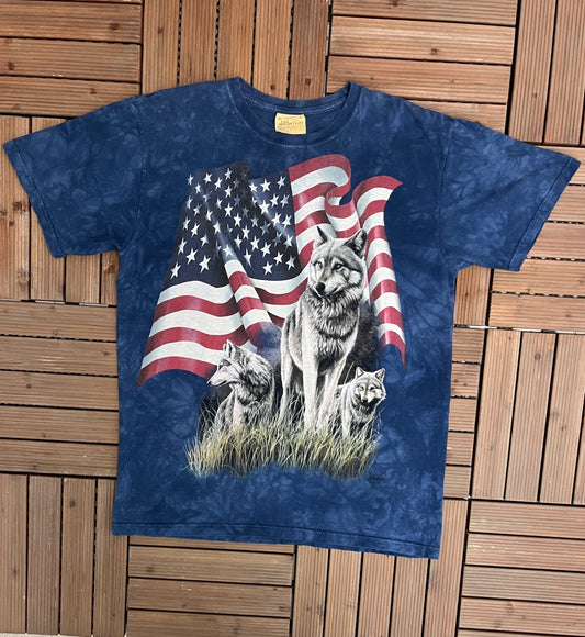 Wolf & The American Flag Graphic Tee | Size Large | Vintage 2000s Promotional Animal Blue T-Shirt | The Mountain | Free Shipping to USA|