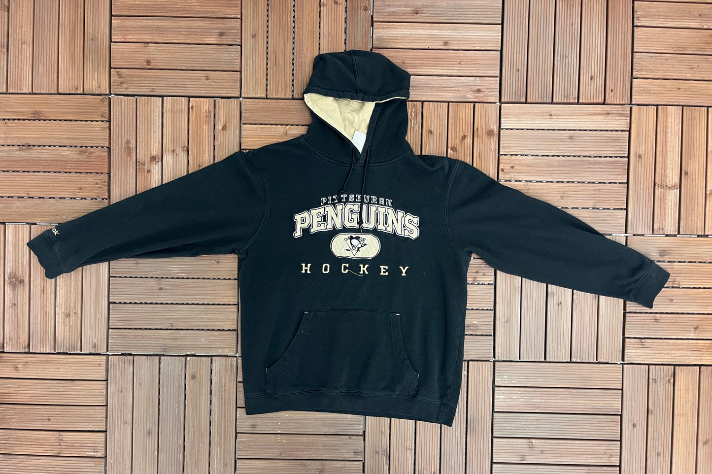 Pittsburgh Penguins Stitched Graphic Hoodie | Size Medium | Vintage 2000s Reebok NHL Hockey Black Sweatshirt | Free Shipping to USA |