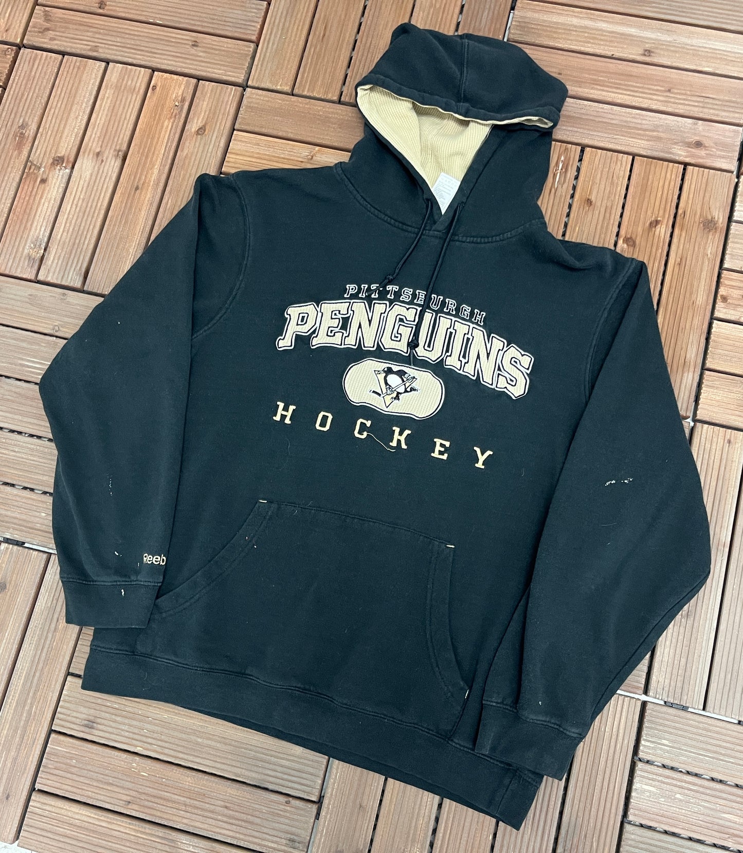 Pittsburgh Penguins Stitched Graphic Hoodie | Size Medium | Vintage 2000s Reebok NHL Hockey Black Sweatshirt | Free Shipping to USA |