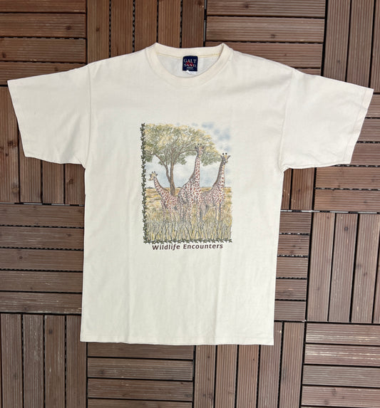 Wildlife Encounters Graphic Tee | Size Medium | Vintage 1990s Made in USA Animal White T-Shirt |