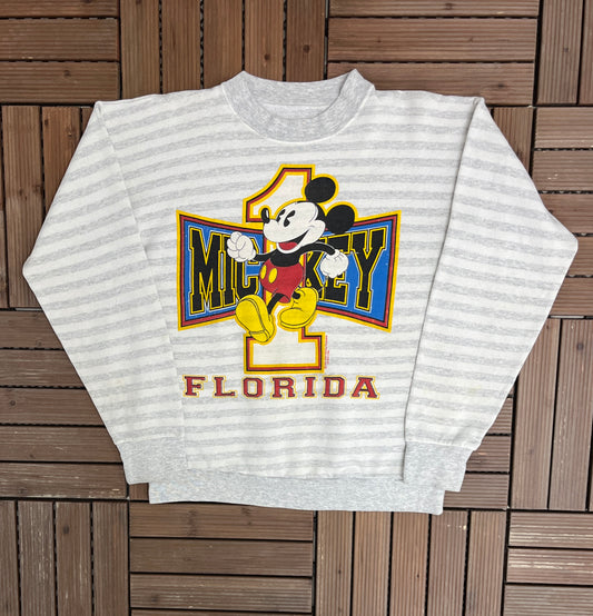 Mickey Mouse Florida Graphic Crewneck | Size Large | Vintage 1990s Promotional Cartoon Grey Sweatshirt |