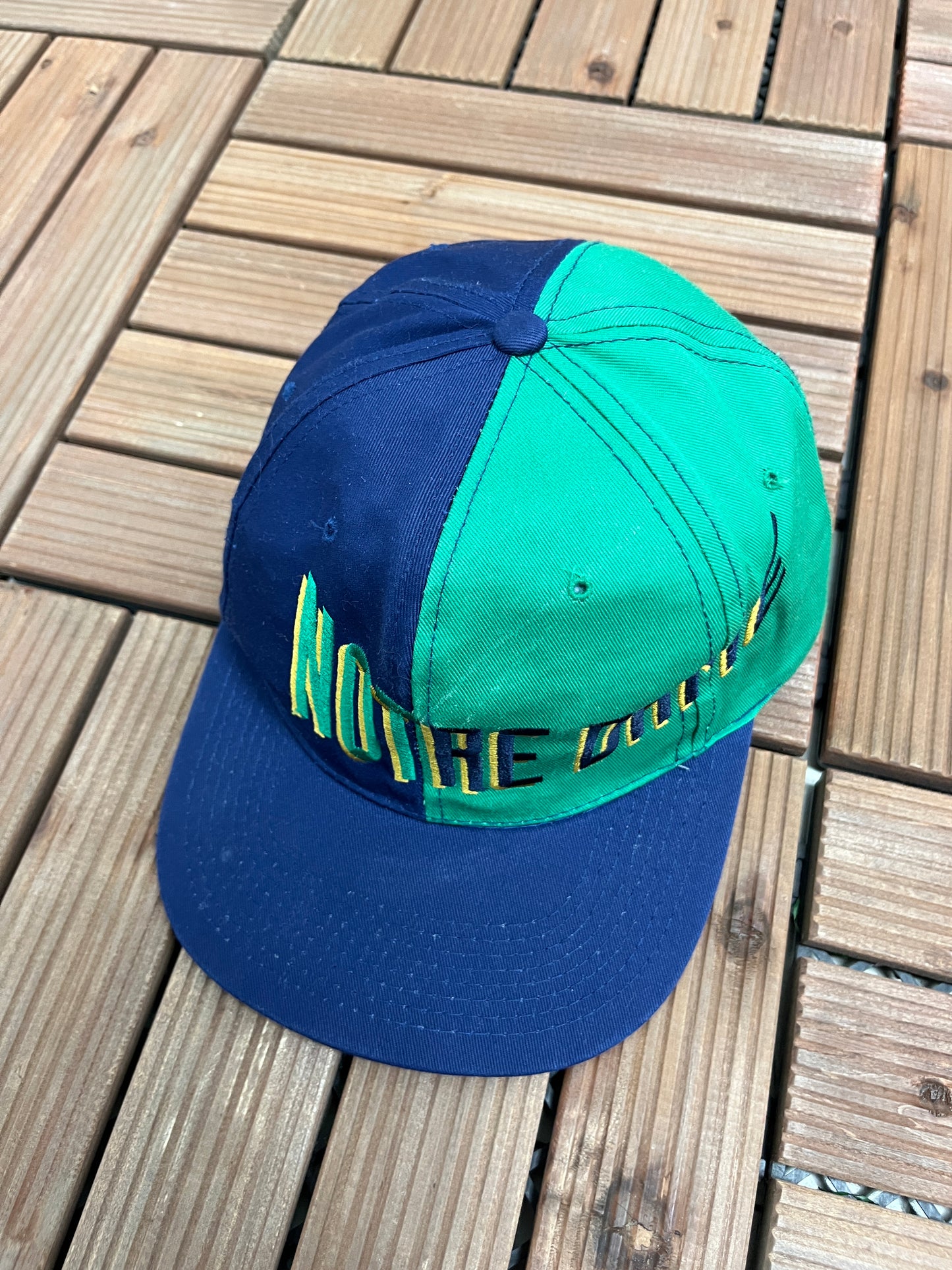 Notre Dame Fighting Irish Graphic Hat | Snap Back | Vintage 1990s College Sports Green & Blue Cap |