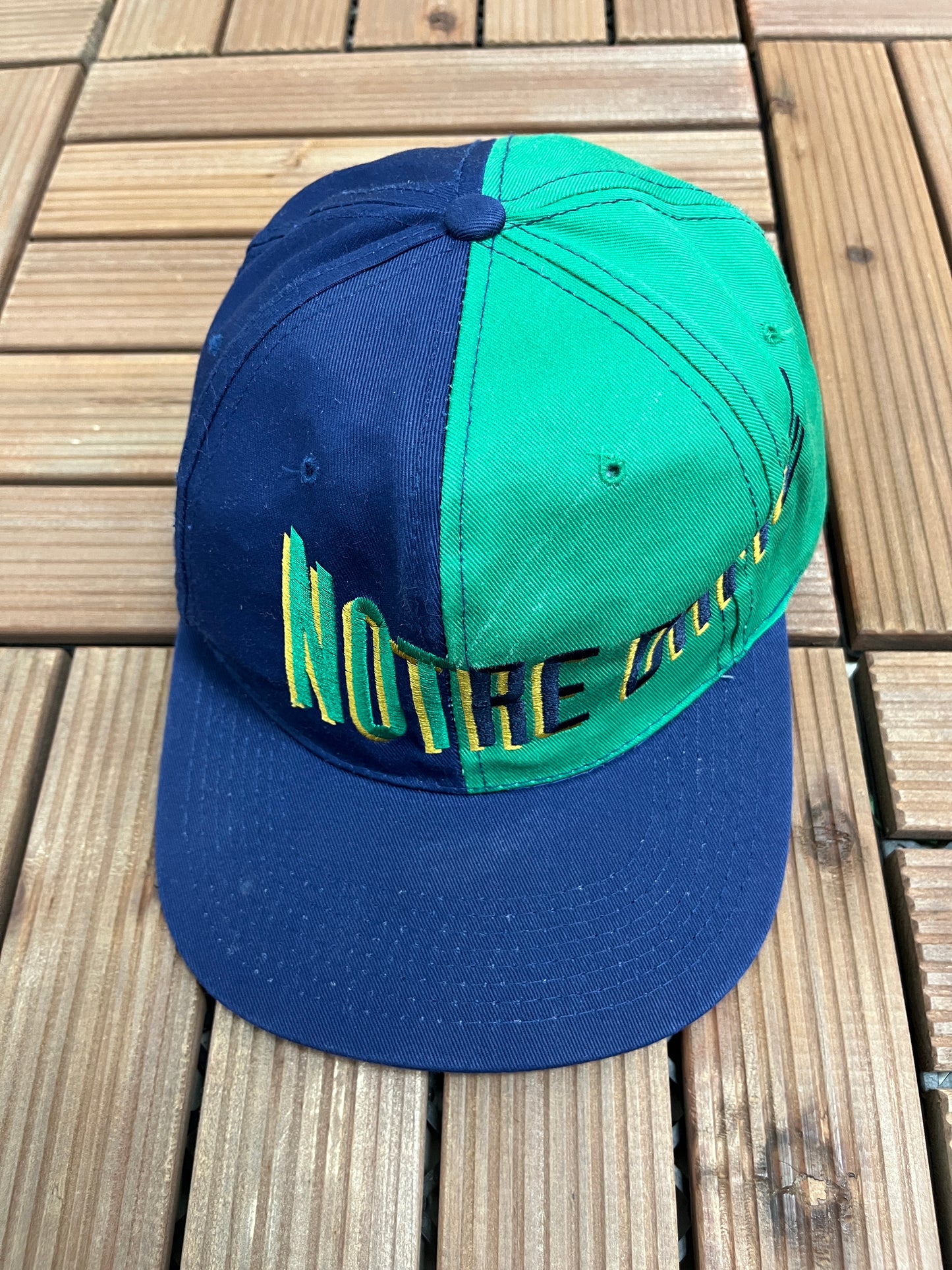 Notre Dame Fighting Irish Graphic Hat | Snap Back | Vintage 1990s College Sports Green & Blue Cap |