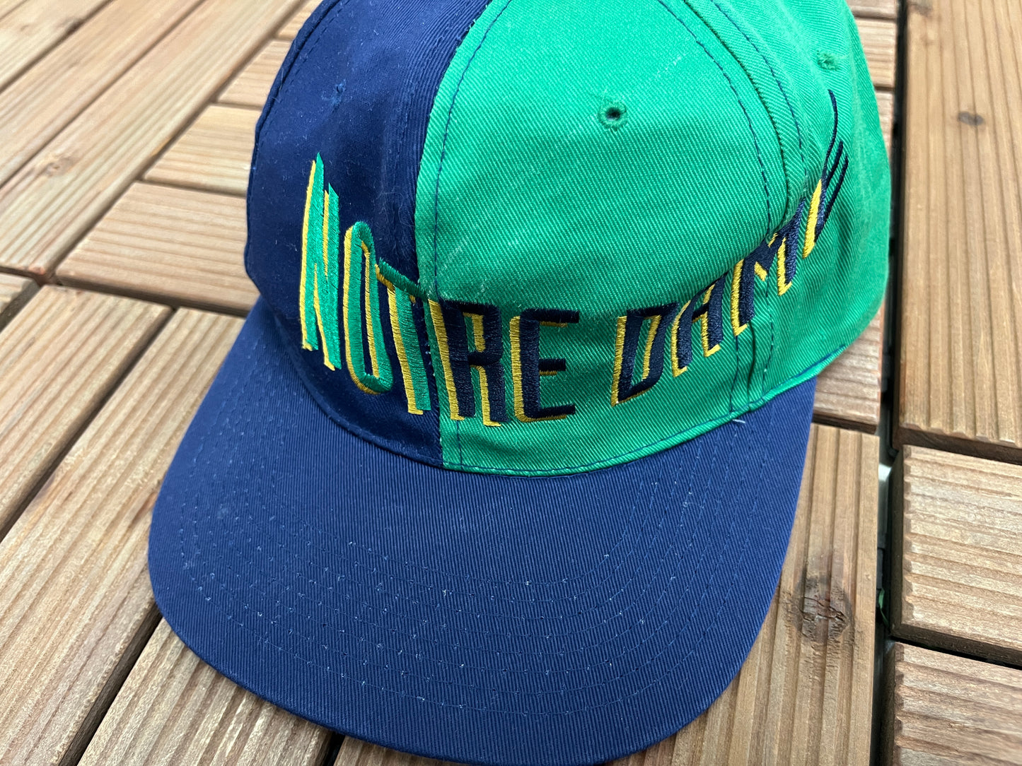 Notre Dame Fighting Irish Graphic Hat | Snap Back | Vintage 1990s College Sports Green & Blue Cap |