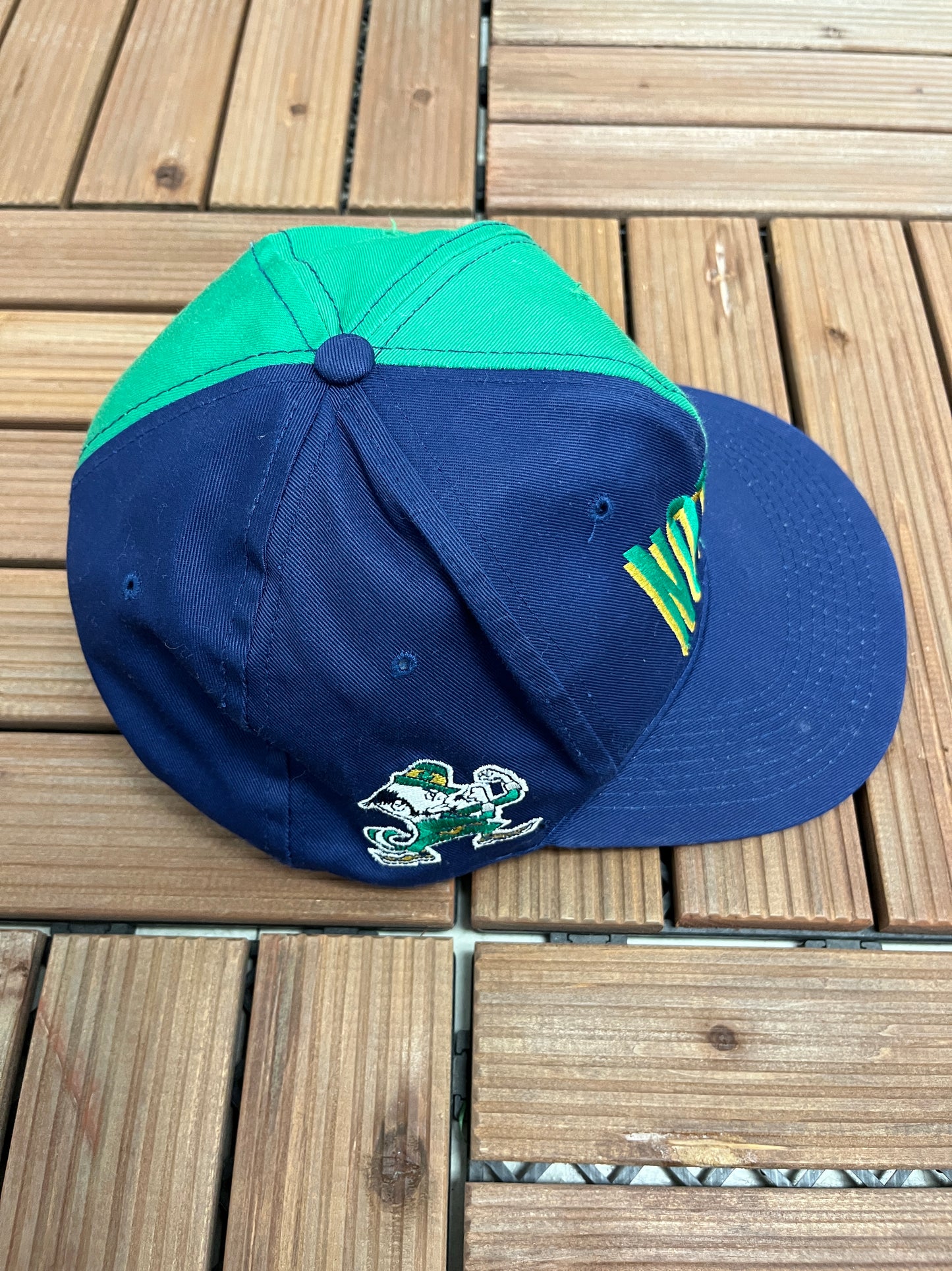 Notre Dame Fighting Irish Graphic Hat | Snap Back | Vintage 1990s College Sports Green & Blue Cap |