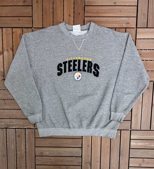 Pittsburgh Steelers Stitched Graphic Crewneck | Size Large | Vintage 1990s NFL Football Grey Sweater |