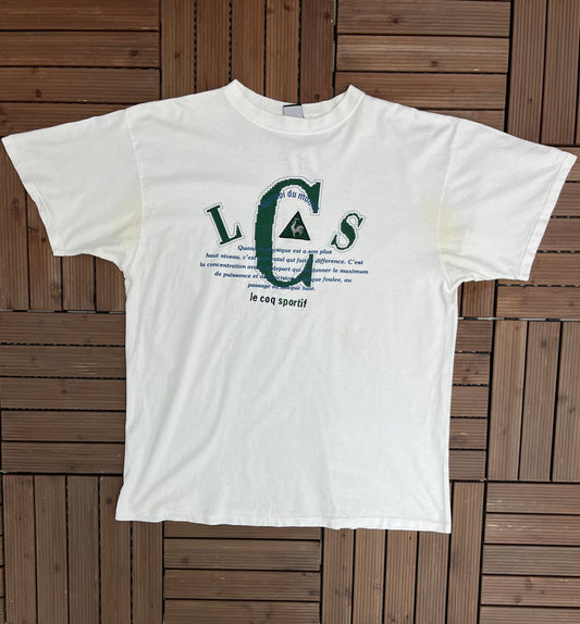 Le Coq Sportif Embroidered Graphic Tee | Size XX-Large | Vintage 1990s Single Stitch Branded White T-Shirt | Free Shipping to USA |