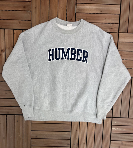 Humber Hawks Stitched Graphic Crewneck | Size X-Large | Vintage 2000s College Sports Grey Champion Sweater | Free Shipping to USA |