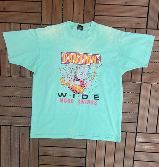 Caution Wide Mood Swings Graphic Tee | Size X-Large | Vintage 1980s Cartoon Cute Teal T-Shirt |