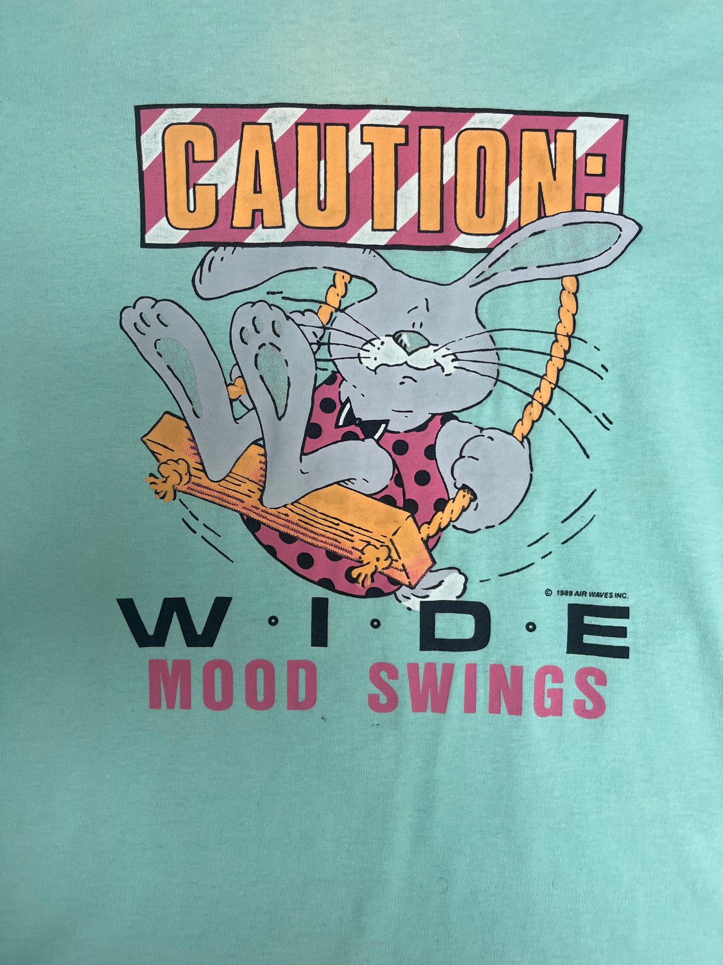 Caution Wide Mood Swings Graphic Tee | Size X-Large | Vintage 1980s Cartoon Cute Teal T-Shirt |