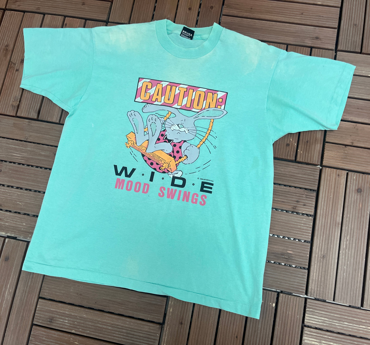 Caution Wide Mood Swings Graphic Tee | Size X-Large | Vintage 1980s Cartoon Cute Teal T-Shirt |