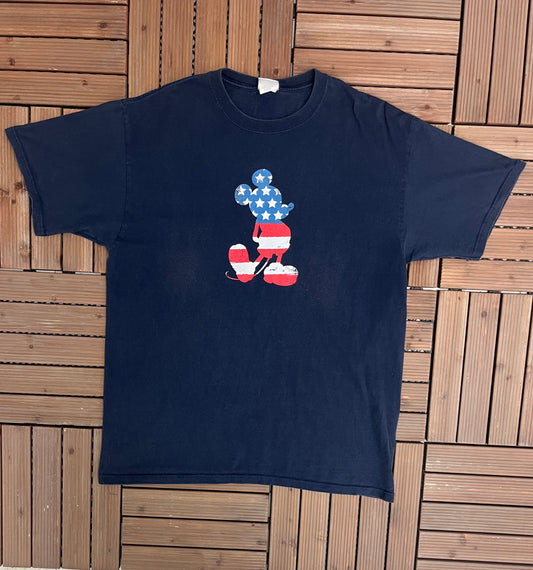 Mickey Mouse American Flag Graphic Tee | Size X-Large | Vintage 2000s Disney Cartoon Promotional Blue T-Shirt | Free Shipping to USA |