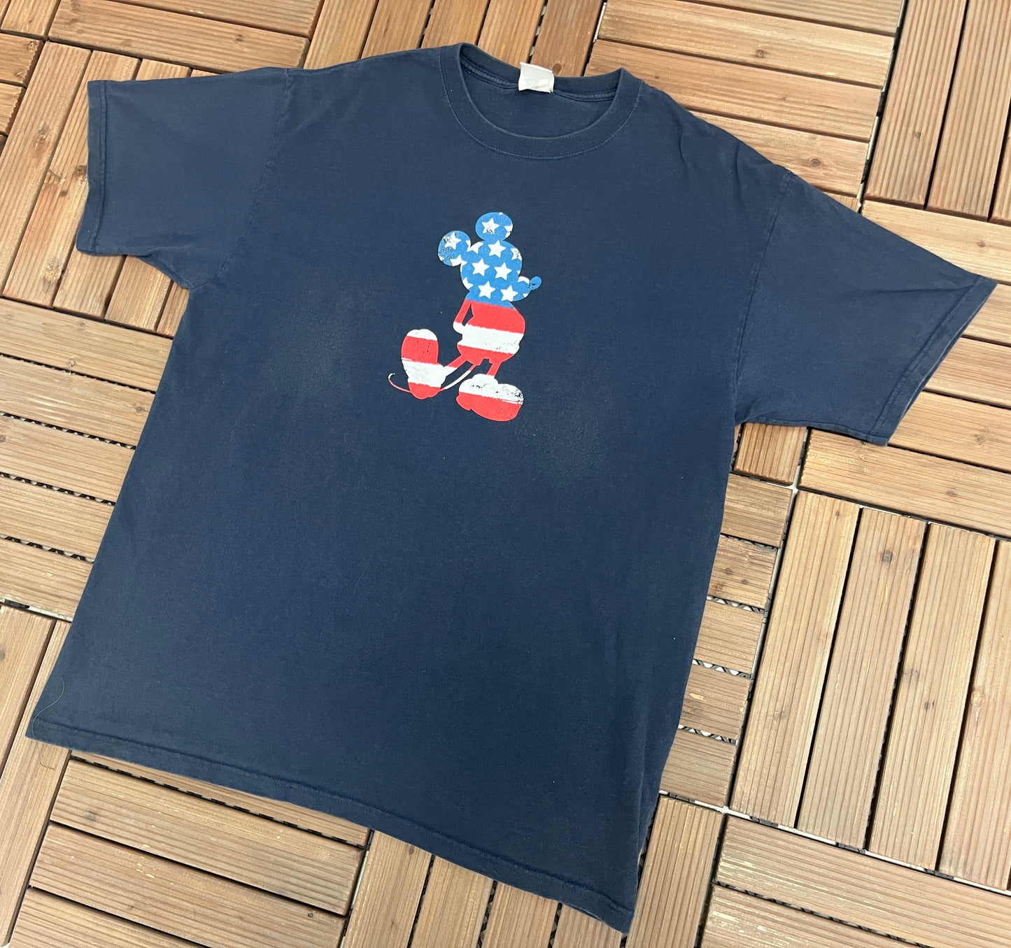 Mickey Mouse American Flag Graphic Tee | Size X-Large | Vintage 2000s Disney Cartoon Promotional Blue T-Shirt | Free Shipping to USA |