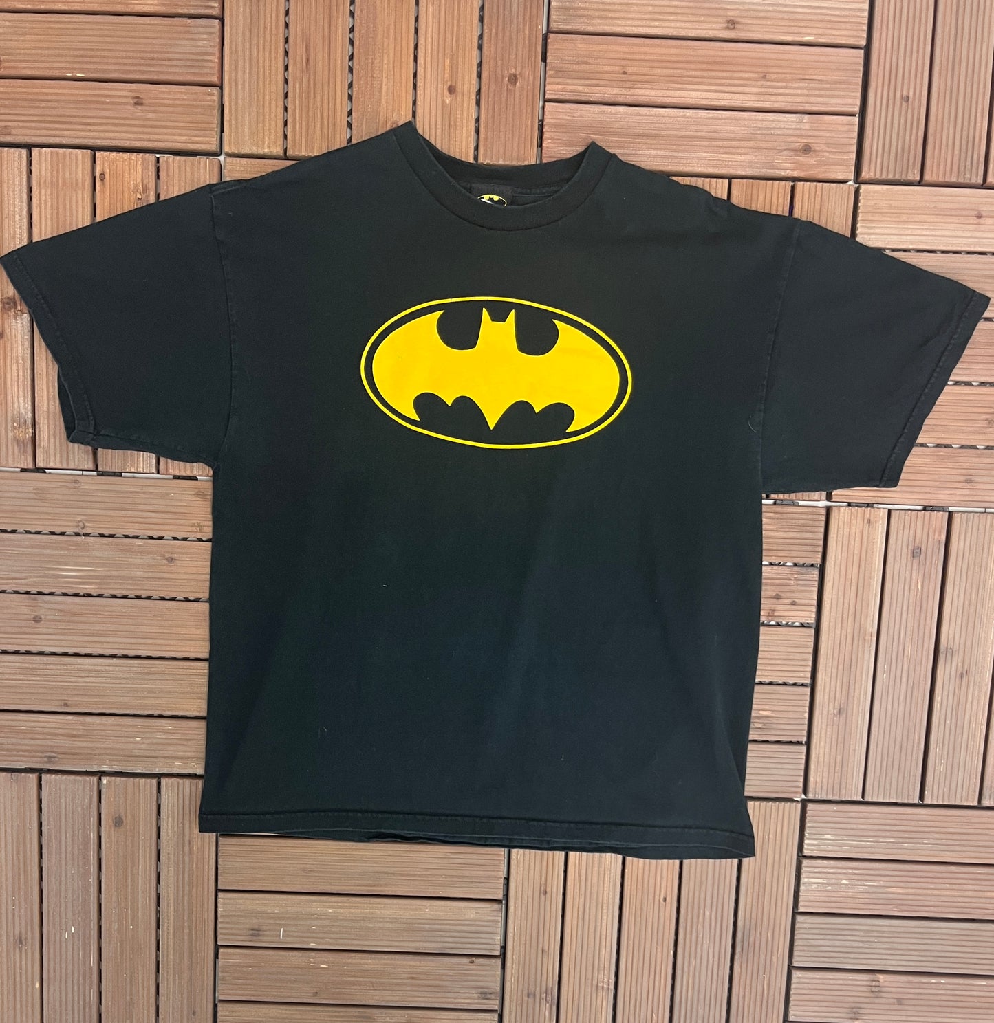 Batman Yellow Logo Graphic Tee | Size X-Large | Vintage 2000s DC Comics Promotional Superhero Black T-Shirt | Free Shipping to USA |