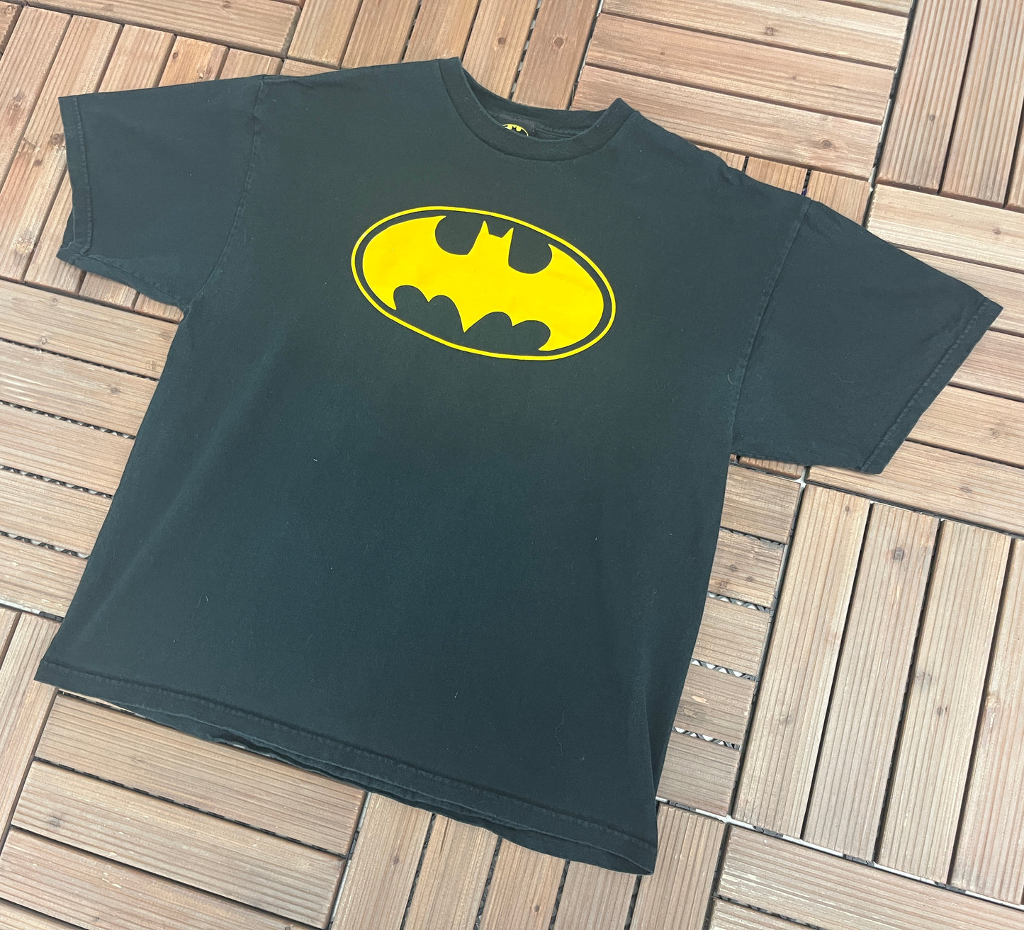 Batman Yellow Logo Graphic Tee | Size X-Large | Vintage 2000s DC Comics Promotional Superhero Black T-Shirt | Free Shipping to USA |